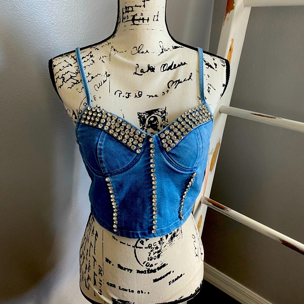 NWT.  Jeans and rhinestone spaghetti strap tank.  Size XL.  Might run small.
